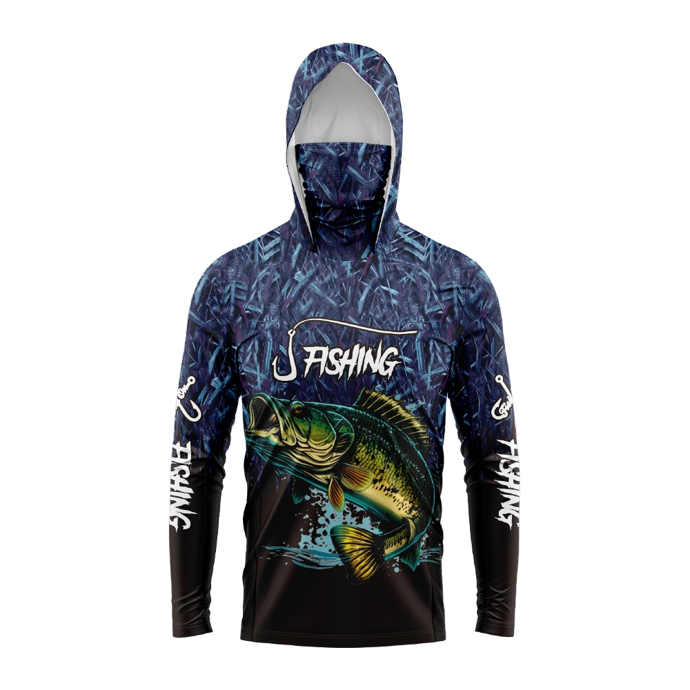 Fishing Hoodie - เสื้อฮู้ดดี้ลายปลาบาสสำหรับผู้ชาย พร้อมหน้ากากป้องกัน แห้งเร็ว ระบายอากาศได้ดี แขนยาว เสื้อกีฬาตกปลาสำหรับกิจกรรมกลางแจ้ง