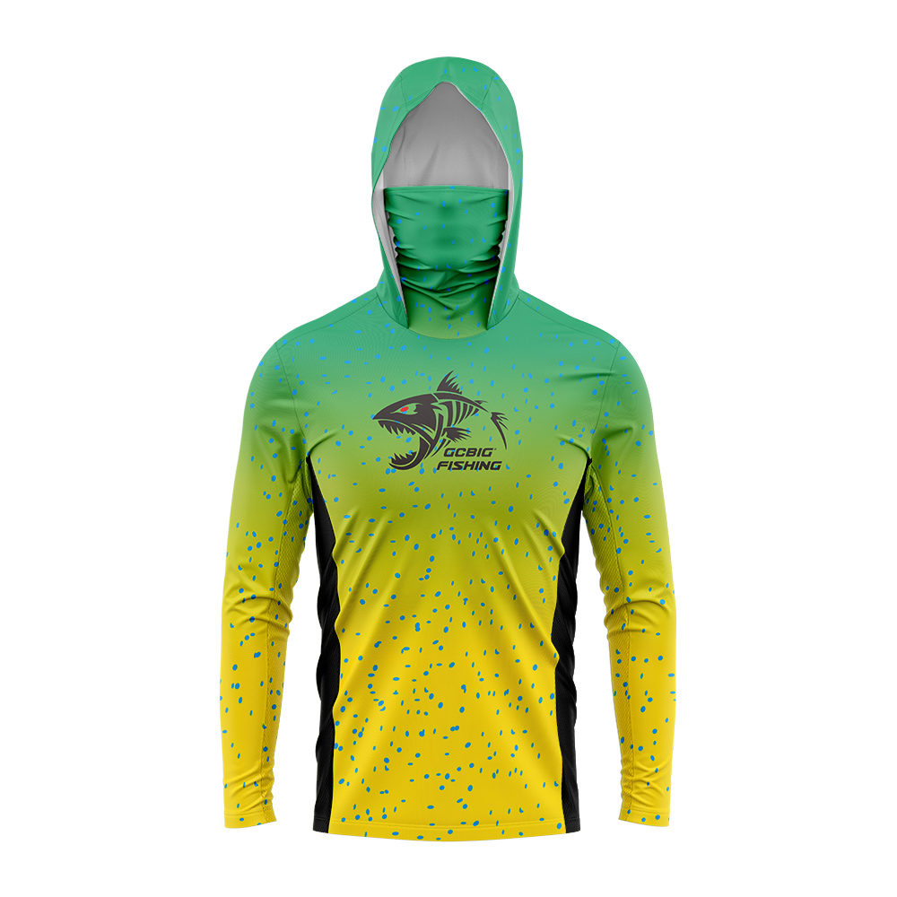 Fishing Hoodie - เสื้อฮู้ดตกปลาผู้ชายลายปลาโครงกระดูกสีเขียว-เหลืองไล่เฉดสี พร้อมผ้าคลุมหน้าในตัว ป้องกันแสงแดด แห้งเร็ว แขนยาว